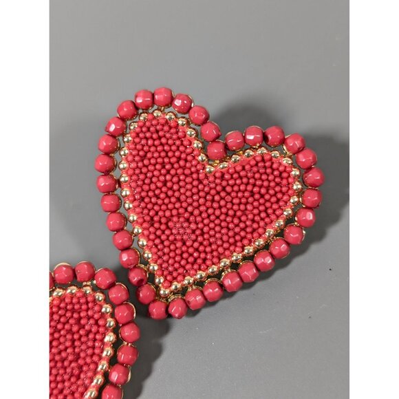 Red Beaded Heart Earrings Bold Statement Gold Tone Valentines Love - Picture 3 of 6
